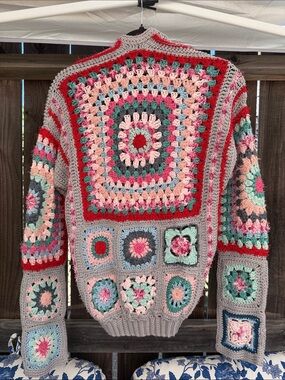 Beautiful Crochet Patchwork Cardigan Sweater with Pink Hearts & Flowers
